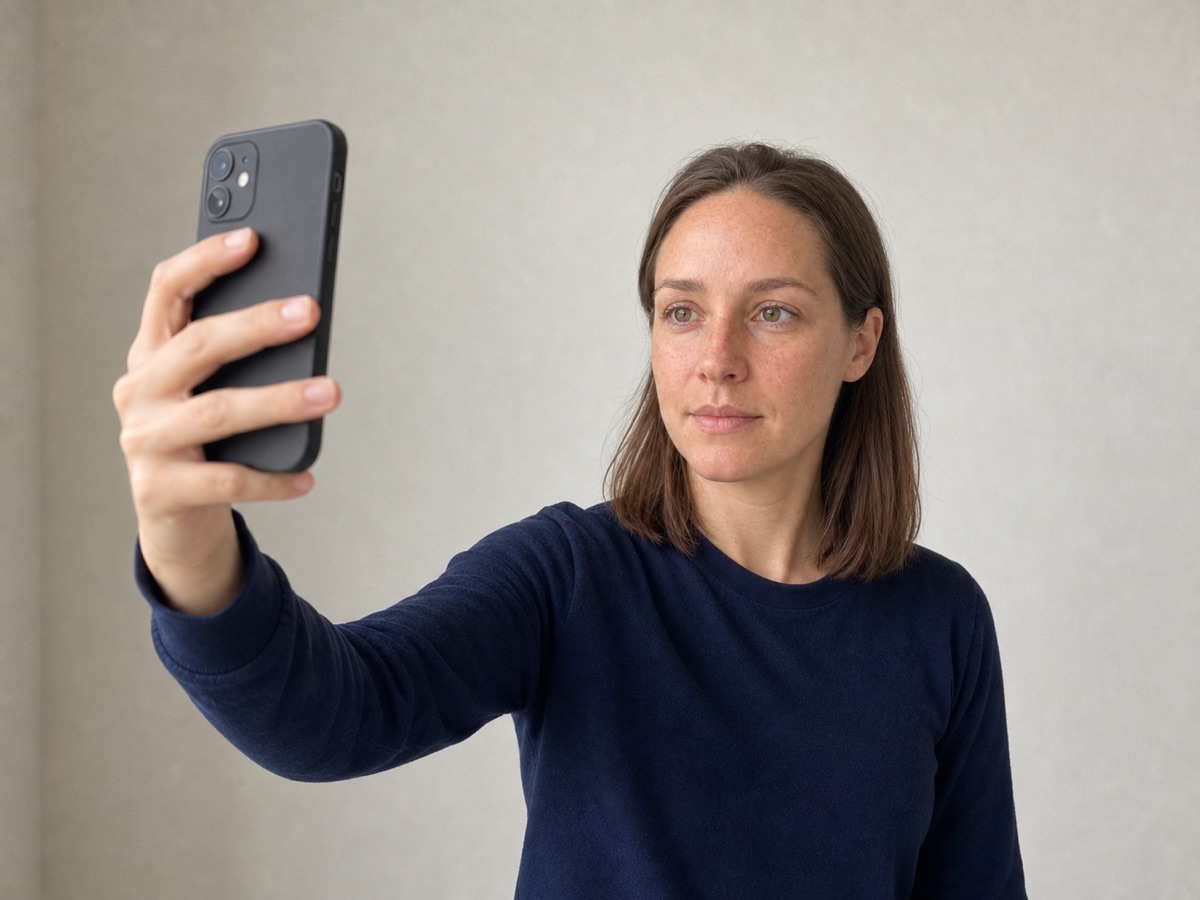 The same woman holding a phone at eye level and arm’s length for a selfie