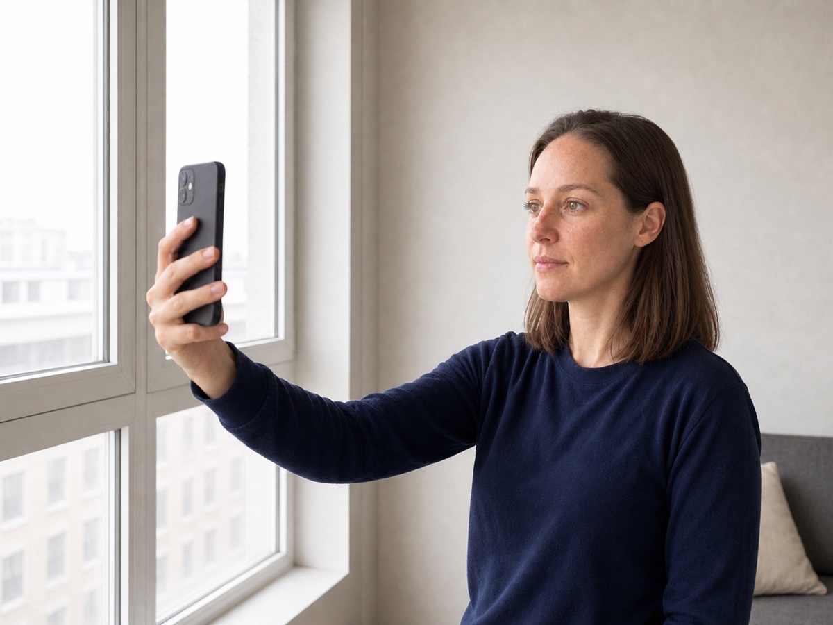 The same woman taking a handheld selfie while facing a bright window