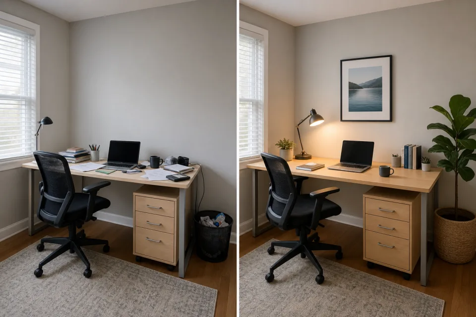 Two-photo before-and-after collage showing the same home office before and after a makeover