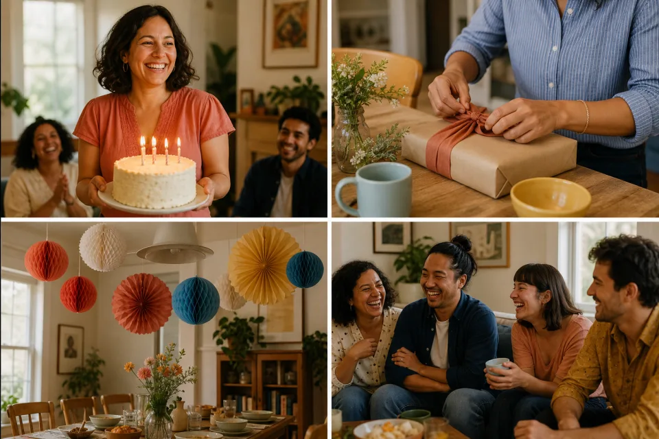 Four-photo birthday collage with a cake, gift, decorations, and friends