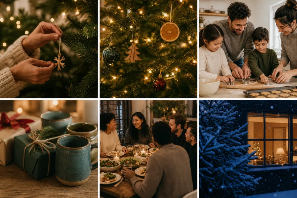 Six-photo Christmas collage formatted for social media with decorations, gifts, family, and dinner