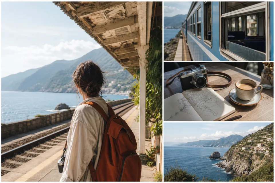 Travel photo collage with one large coastal station photo and three supporting journey details
