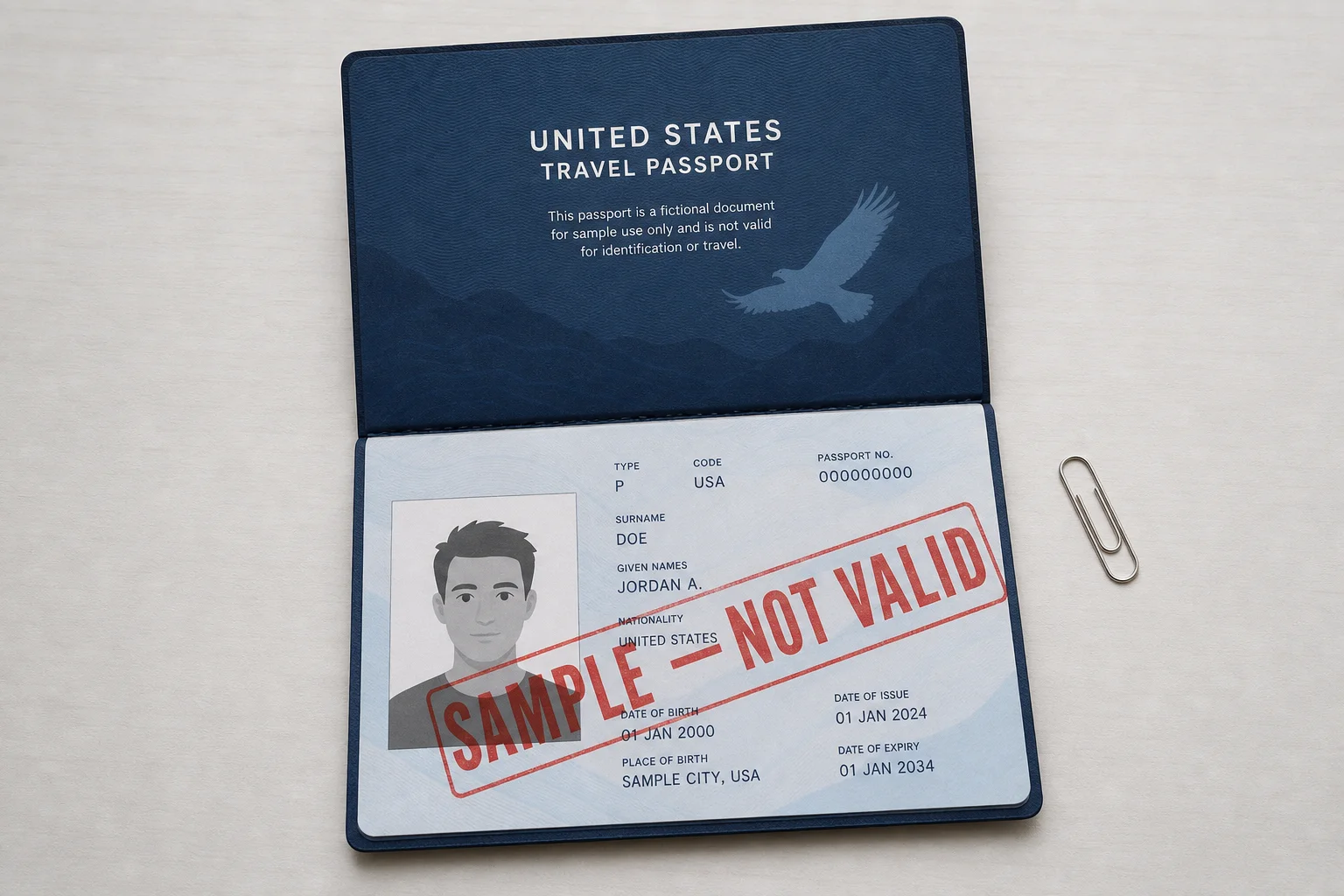 Tydligt fiktivt och ogiltigt amerikanskt passprov med upprepad ändamålsmärkning